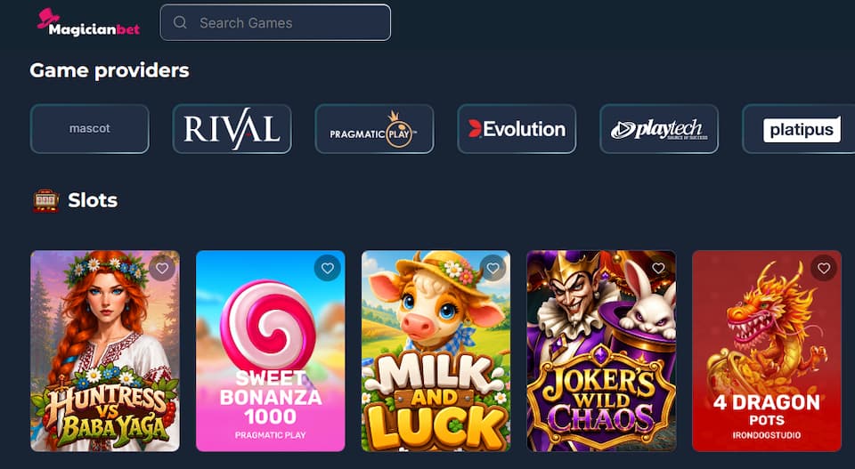Pelejä MagicianBet Casinolla