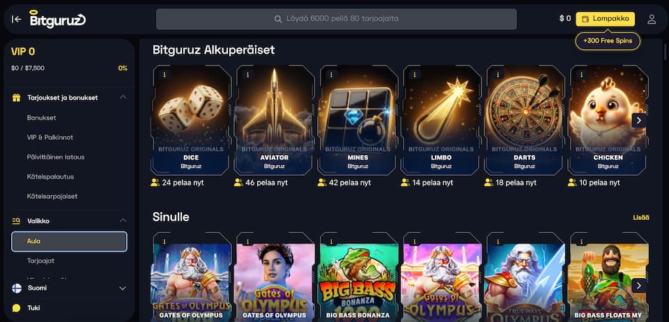 Bitguruz Casino pelivalikoima on kattava